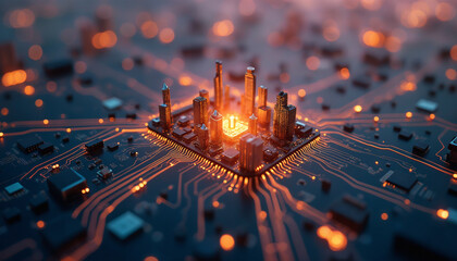 Poster - circuit board with a city skyline in the background. the lights create a vibrant, high-tech cityscap