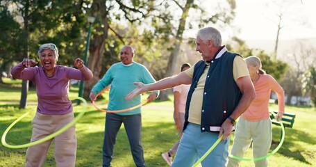 Wall Mural - Senior people, exercise and nature with hoop for class, fun workout or elderly care in fitness. Happy or mature group talking with toy for movement, balance or funny activity together at outdoor park