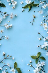Wall Mural - floral frame with white blossoms on blue background