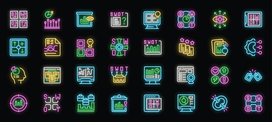 Wall Mural - Swot analysis neon icons set vector. Business planning and market researching, opportunity and threat, weakness and strength illustrations