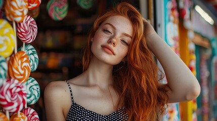 Vibrant Woman in Polka-Dot Dress Poses Playfully at Colorful Candy Store