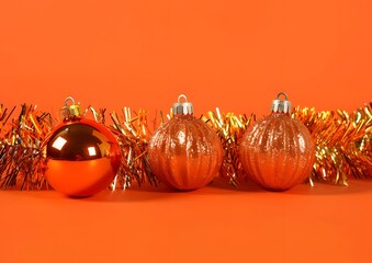 Orange Christmas Ornaments & Tinsel on Orange Background