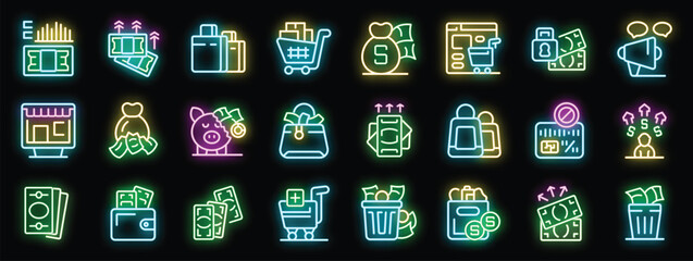 Poster - Colorful neon icons representing spending and saving money including ecommerce and finance on a black background