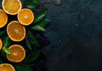 Poster - Minimalist Orange Slices & Leaves on Black Background