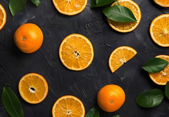 Poster - Minimalist Flat Lay of Oranges and Leaves on Black Background