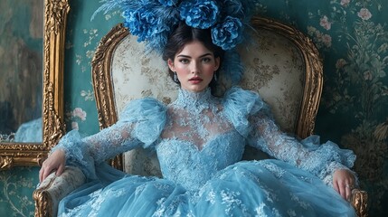 A woman in a blue dress sitting on a chair.