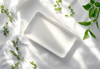 Poster - Minimalist White Plate with Herbs and Sunlight