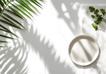 Wall Mural - Minimalist White Background with Palm Leaf Shadow and Plate