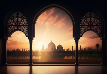 Mosque Silhouette Sunset Arch Wall Ramadan