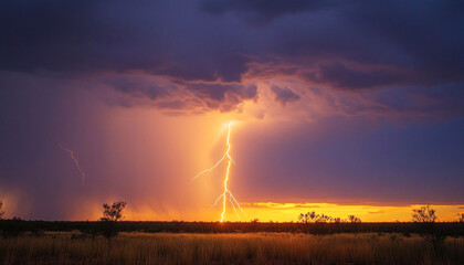 lightning strike illuminating the outback at sunset