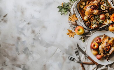 Wall Mural - autumnal table setting with roasted chicken & apples