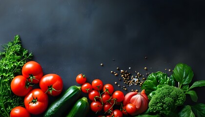 Elegant arrangement of vegetables and tomatoes on dark backdrop with space for showcasing food products