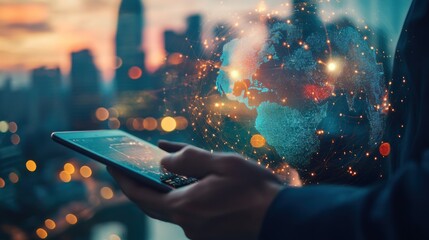 Poster - A person's hand holding a tablet with a glowing digital globe floating above it, representing global connectivity and technology.