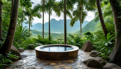 Serene outdoor bathtub nestled in tropical woods with majestic mountains, embodying a luxurious spa lifestyle