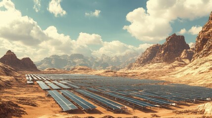 A large solar farm is set up in a desert landscape with mountains in the background.