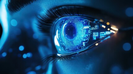 Wall Mural - intense closeup of cybernetic eye with glowing circuits reflecting data streams on a sleek visor futuristic surveillance concept in neon blue and metallic silver tones