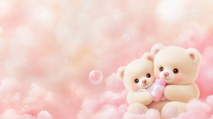 Two adorable teddy bears floating in soap bubbles, joyfully holding baby bottles amidst a dreamy pastel background of bubbles and clouds