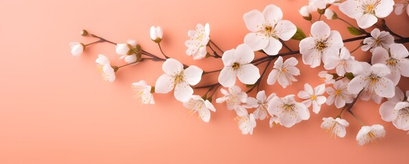 Wall Mural - peach pink background with white flowers flat lay