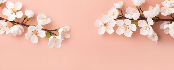 Wall Mural - white blossoms on peach pink background flat lay
