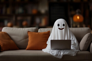 A cute ghost wearing a white sheet with a smiling face, sitting on a beige couch with orange pillows, working on a laptop. The background has a cozy, warm living room ambiance,for Halloween and spooky