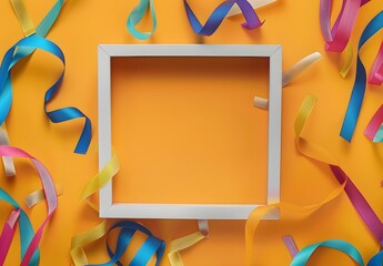 Canvas Print - Colorful Ribbons Surrounding White Frame on Orange Background