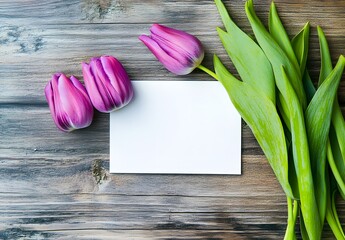 Sticker - Purple Tulips on White Card with Wooden Background