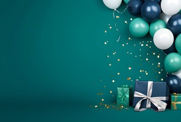 Poster - Green Background with Balloons, Confetti, and Gifts for Celebration