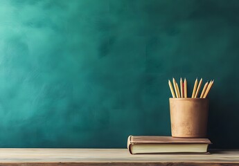 Wall Mural - Empty Desk with Book, Pencils, and Green Chalkboard Background