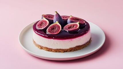 A dessert on a white plate resting on a pink surface a no bake cheesecake topped with dark red jelly and slices of fig