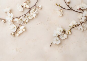 Wall Mural - white blossom border on beige background for spring design