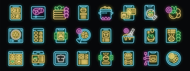 Poster - Bright neon icons showing different ways to learn to cook or order food using mobile apps