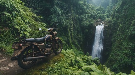 Wall Mural - Old Rusty Motorcycle Abandoned in Overgrown Forest, Pattern Background, Wallpaper, Cover and Screen for Smartphone, PC, Laptop, 9:16 and 16:9 Format