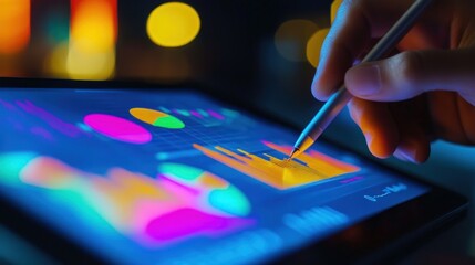 Poster - close-up of hand using a stylus on a tablet displaying graphs and charts in a dark setting.