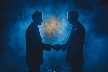 Businessmen in jackets are greeted by two hands close together