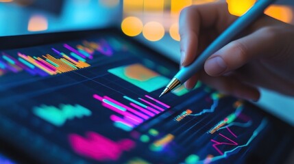 Poster - A hand using a stylus to interact with data charts on a tablet, a close-up shot with a blurred background.