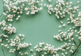 Wall Mural - minimalist white flowers on green background