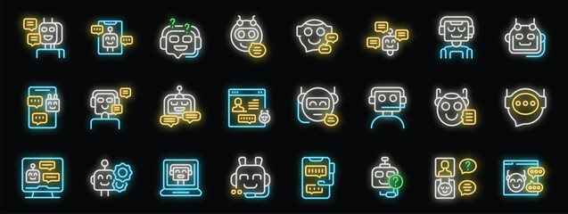 Poster - Neon icons set of chat bots, robot consultant providing online support to customers with speech bubbles