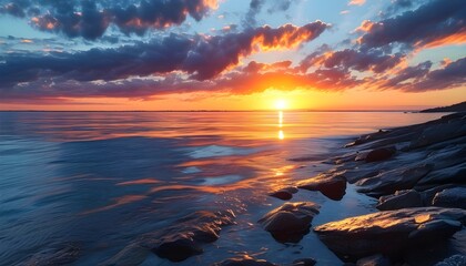 serene sunset illuminating a tranquil waters edge with rocky shoreline and soft clouds dancing in the evening sky