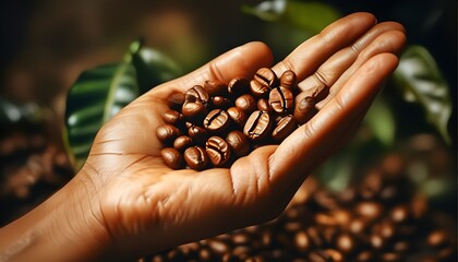 Warm embrace of coffee beans in a hand, symbolizing comfort and relaxation