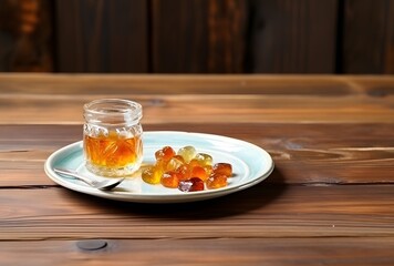 Canvas Print - Marmalade and Glass Stones on Wooden Table