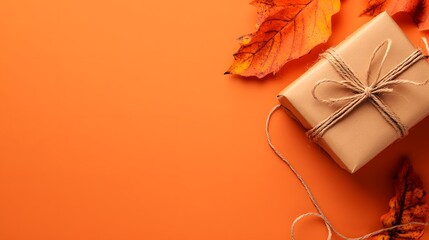 Wall Mural - autumn gift box with twine on orange background