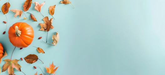 Wall Mural - autumn leaves and pumpkins on blue background