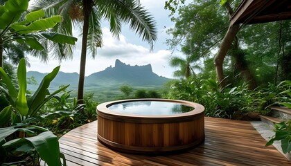 Luxurious wooden outdoor bathtub amidst lush tropical plants and breathtaking mountain views in a serene spa setting