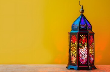 Poster - Ramadan Lantern with Colorful Light on Yellow Background