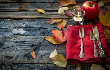 Wall Mural - autumn table setting with red napkin and candle