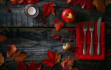 Wall Mural - autumn table setting with red napkin and cutlery