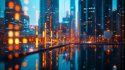 City skyline at night reflecting vibrant lights in a modern glass building interior