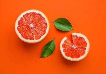 Poster - Sliced Grapefruit on Orange Background, Minimalist Flat Lay