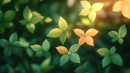 Sticker - Green and yellow leaves in a forest setting.