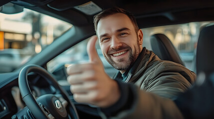 A man is smiling and giving a thumbs up in a car